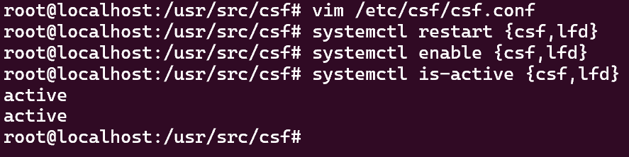 Screenshot showing the commands to enable CSF and lfd