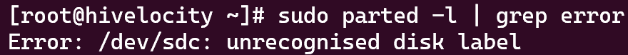 Screenshot showing the results of the "sudo parted -l | grep error" command