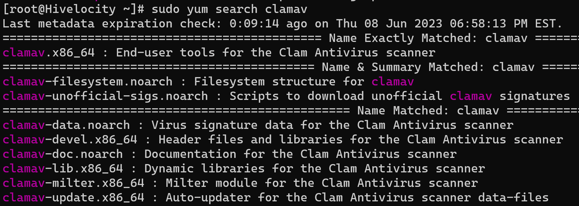 Screenshot showing the results of the sudo yum search clamav command.