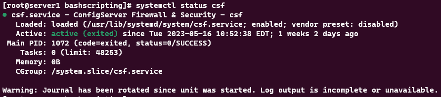 Screenshot showing the results of the systemctl status csf command.