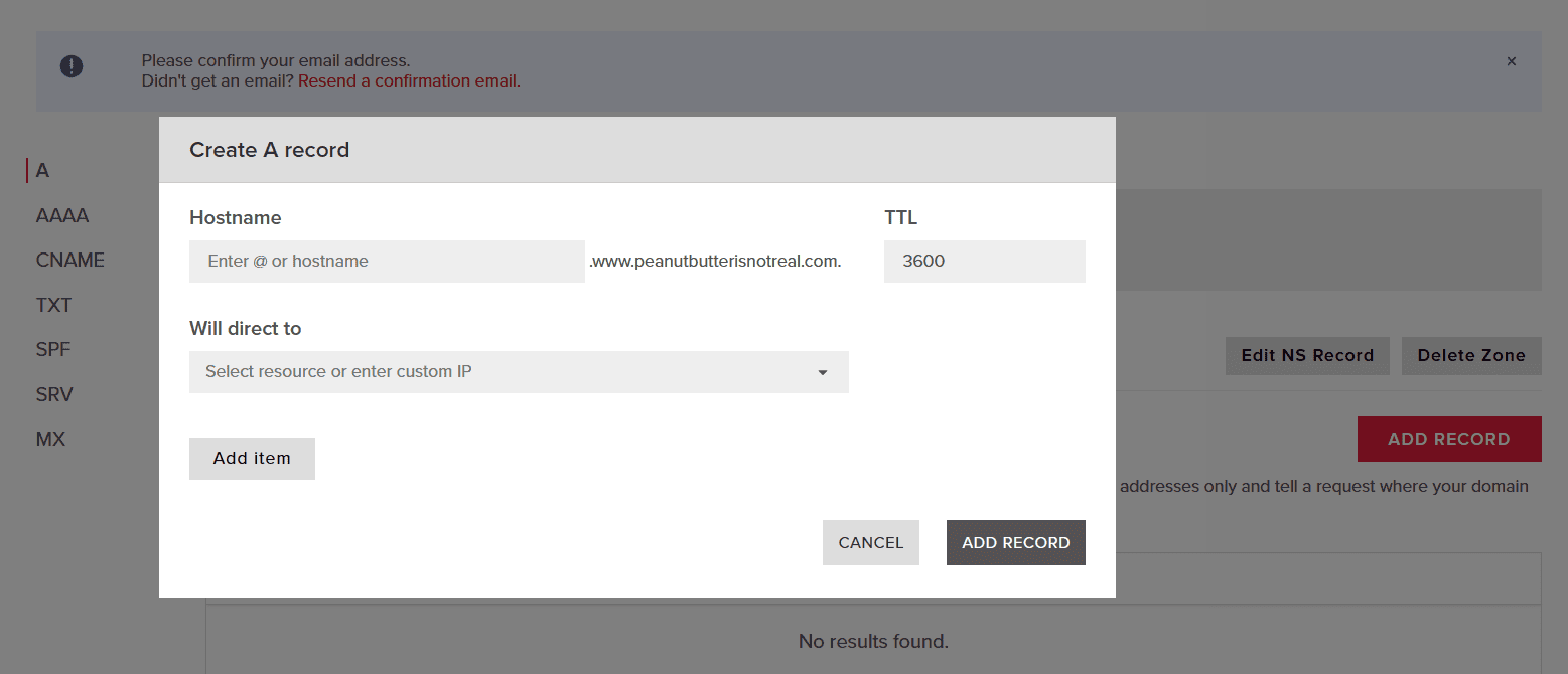 Screenshot of the Create A record tab with form fields for Hostname, TTL, and "Will direct to".