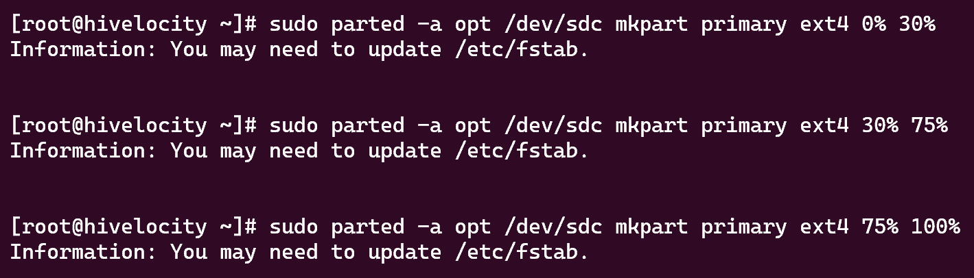 Screenshot showing the results of the multiple partitioning commands listed above