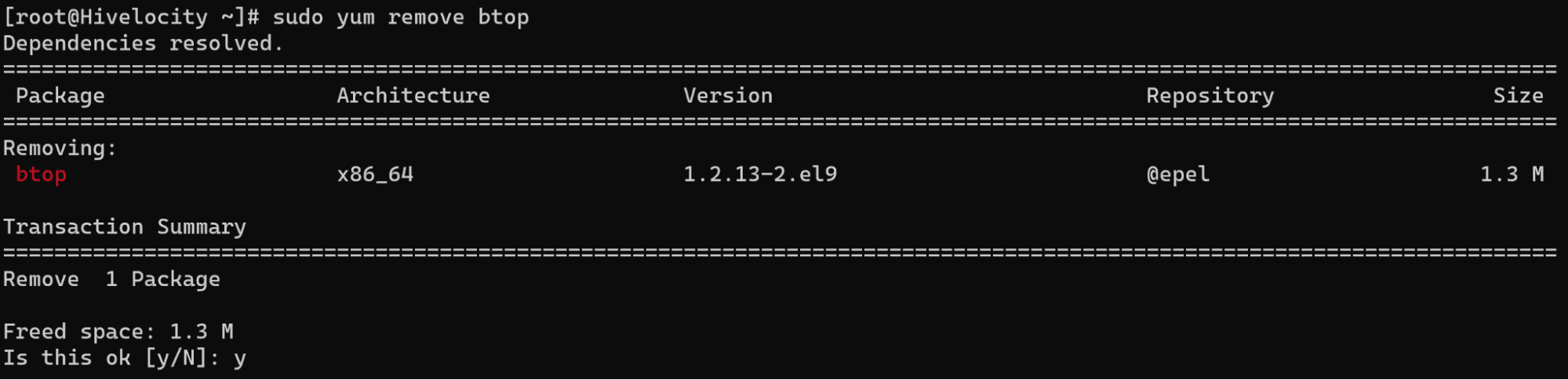 Screenshot showing the results of the sudo yum remove btop command.