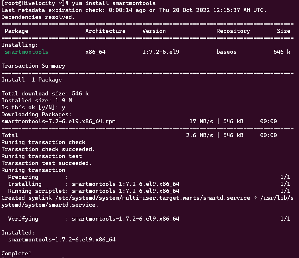 Screenshot showing the installation process of the smartmontools package