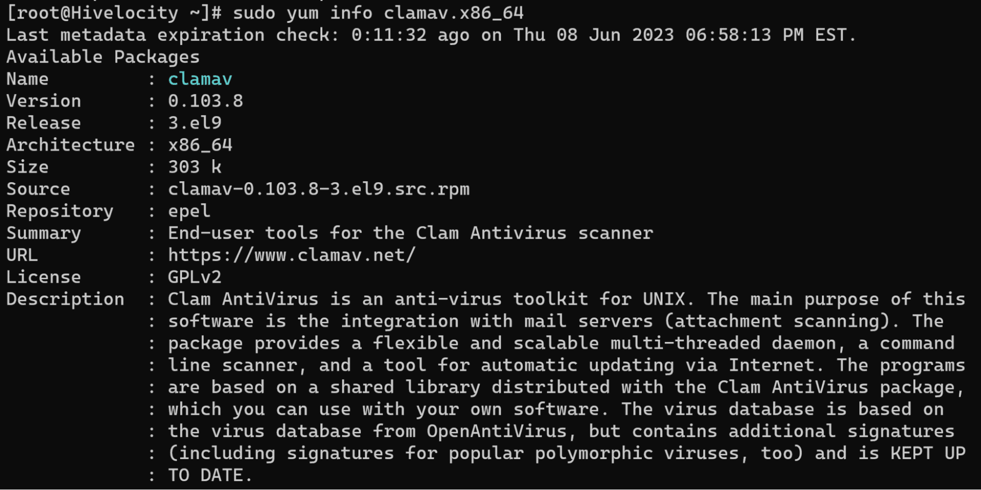 Screenshot showing the results of the sudo yum info clamav.x86_64 command.