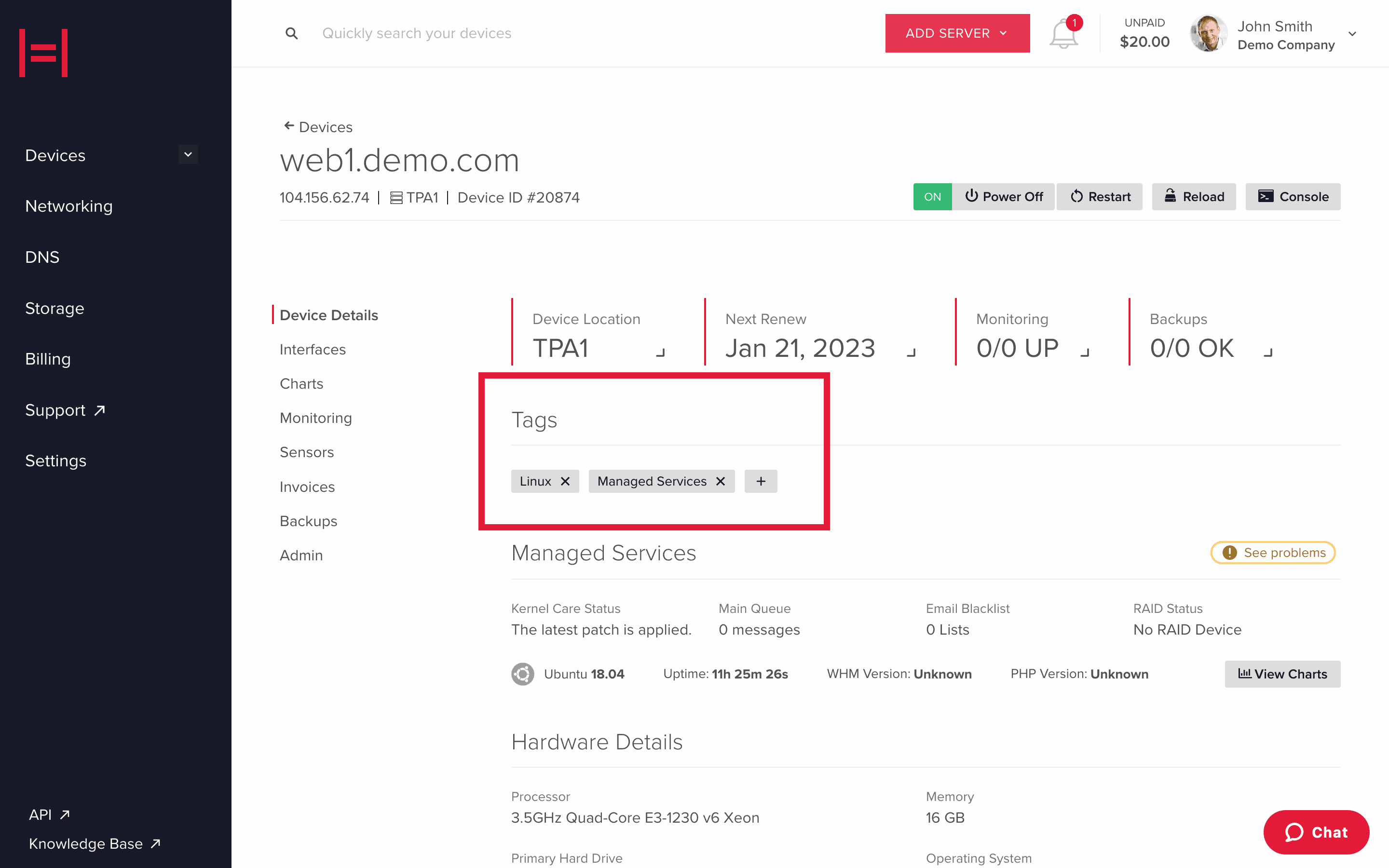 Screenshot of the myVelocity Device Details screen highlighting the new inline tags