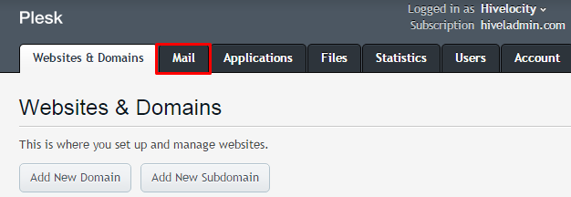Mail tab in Plesk 