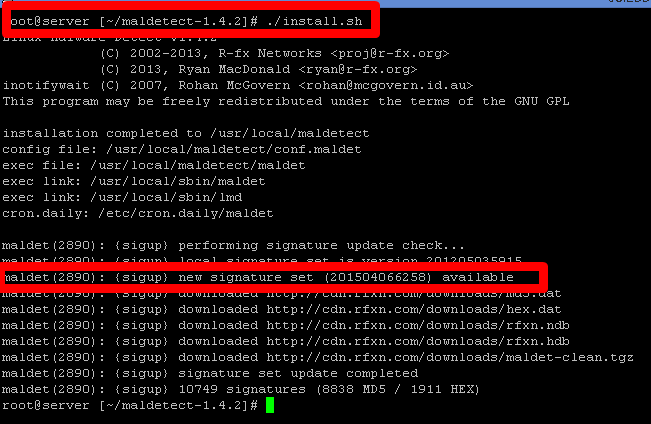 Terminal window highlighting the "./install.sh" command as well as the result: "maldet(2890): {sigup} new signature set (201504066258) available"