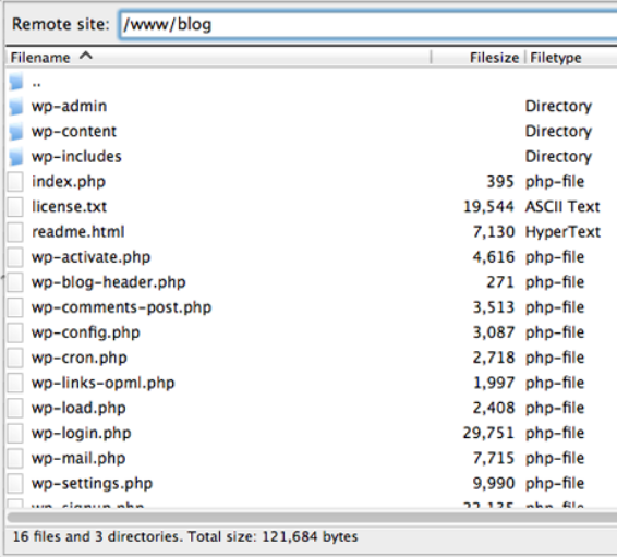 Screenshot showing the WordPress files contained in the public_html folder