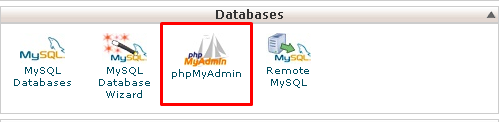 Screenshot showing the databases options and highlighting the phpMyAdmin application