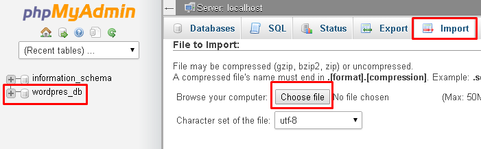 Screenshot of the phpMyAdmin dashboard highlighting the Import and Choose File options