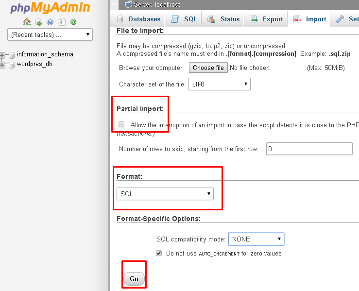 Screenshot of the phpMyAdmin dashboard, highlighting the Partial Import and Format options