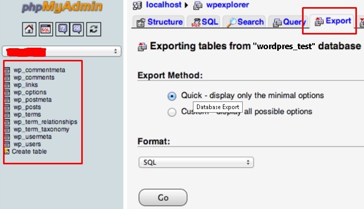 Screenshot of the phpMyAdmin dashboard highlighting the Export option