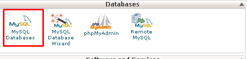 Screenshot of the cPanel dashboard highlighting the MySQL Databases option