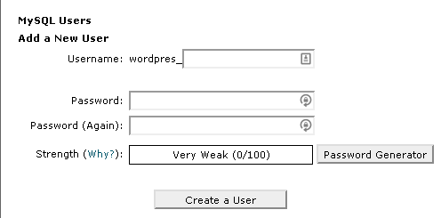 Screenshot of the MySQL dashboard showing the Add a New User section