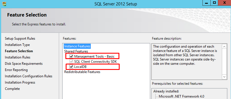 Window showing available feature options with Management Tools and LocalDB highlighted