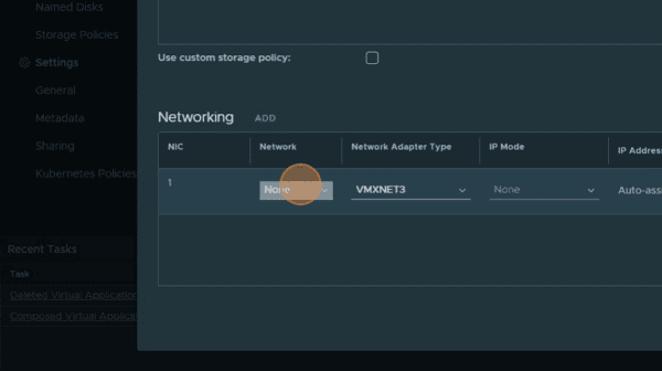 dashboard new VM network settings