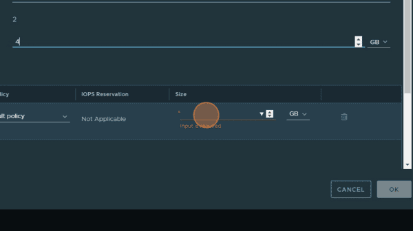 dashboard new VM define disk size