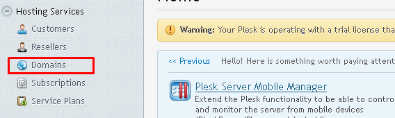 Plesk Domains Tab 