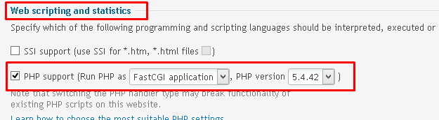 Web scripting & statistics section and options of php support screenshot 