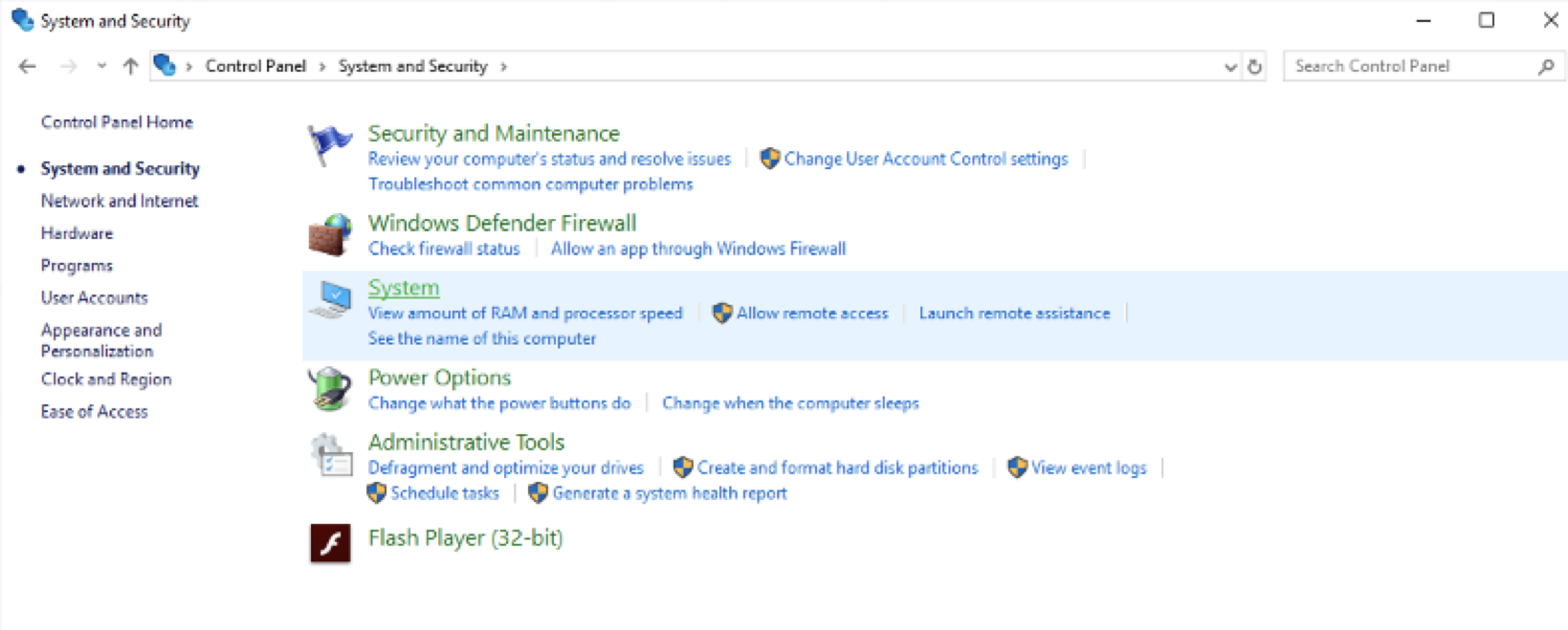 System and Security window, highlighting the System option