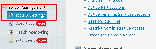 Plesk control panel dashboard highlighting "Server Management" and the "Tools & Settings" option