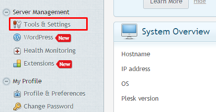 Plesk control setting showing tools and settings tab. 