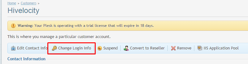 Change Login Info option under customers in Plesk 