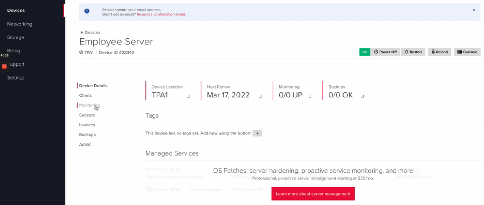 Screenshot of the Device Details screen highlighting the option for Monitoring