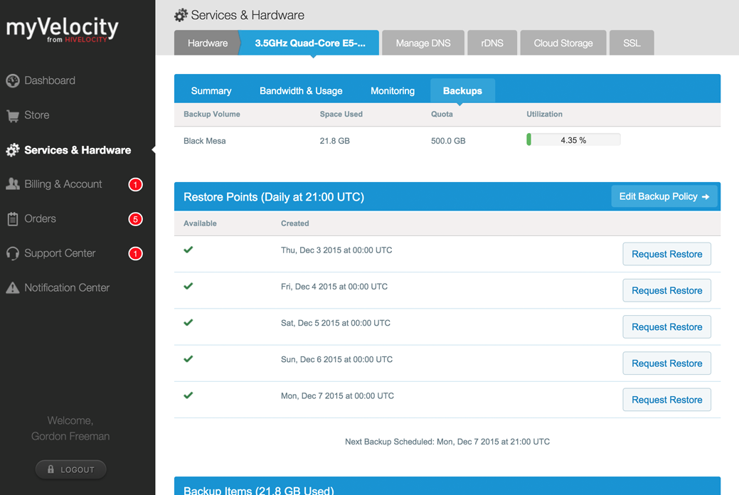 myVelocity portal image showing services and hardware tab. 