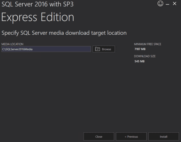 Window instructing the user to specify a SQL Server media download target location