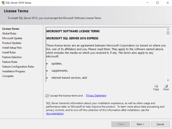 Sample of the SQL Server Express 2016 License Agreement