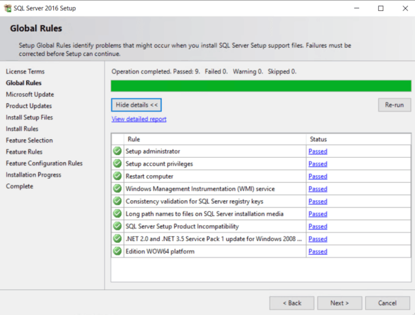 Window showing the SQL Server Express Global Rules with 9 passed and 0 failed