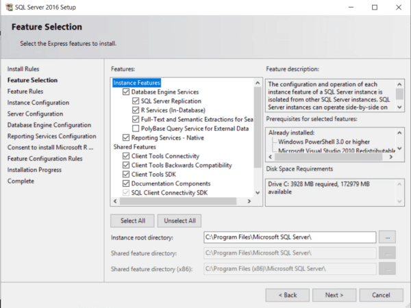 Window showing available SQL Server features with descriptions of each