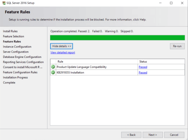 Window showing the SQL Server Feature Rules