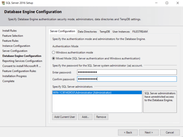 Database engine configuration screen with options for selecting system administrators