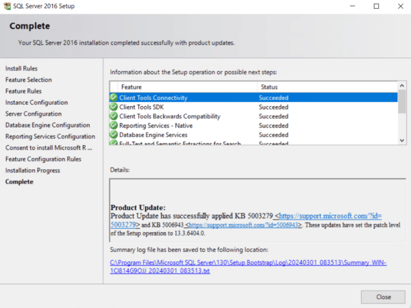 Installation completion screen showing a list of features that have succeeded or failed to install