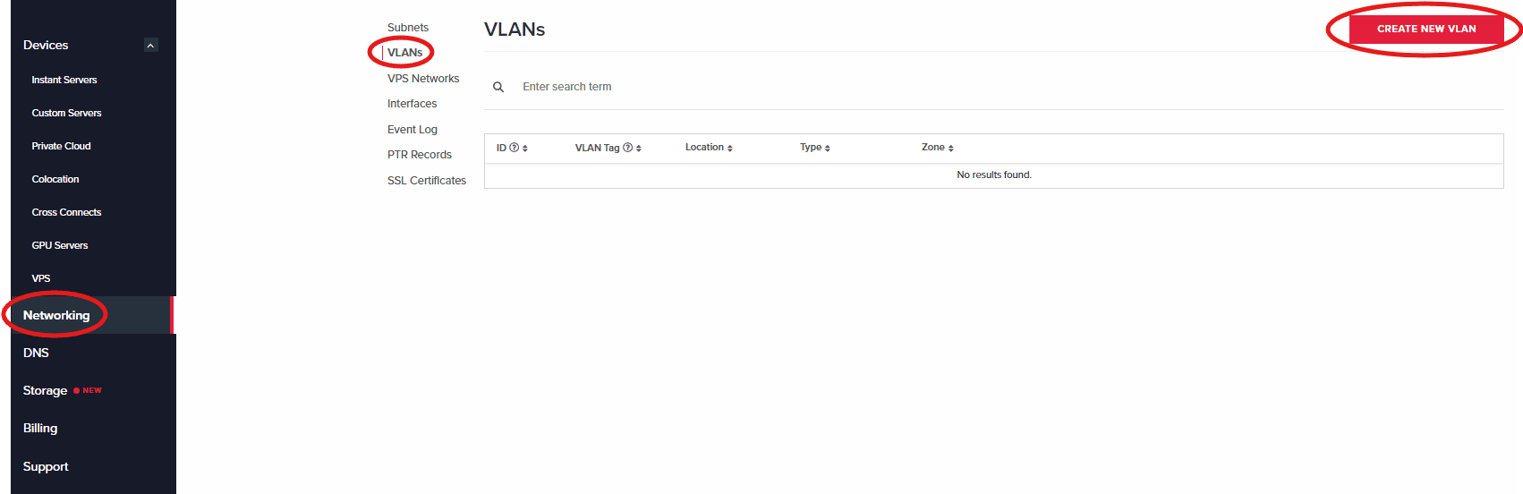 The VLANs page displays any active VLANs that you’ve configured through the portal