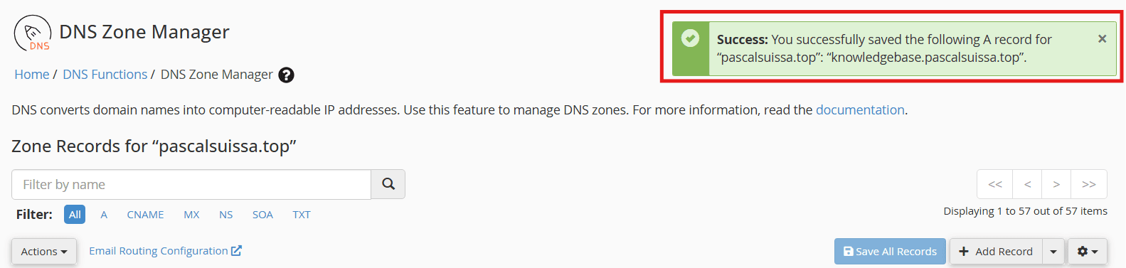 DNS Record Creation Completion Message