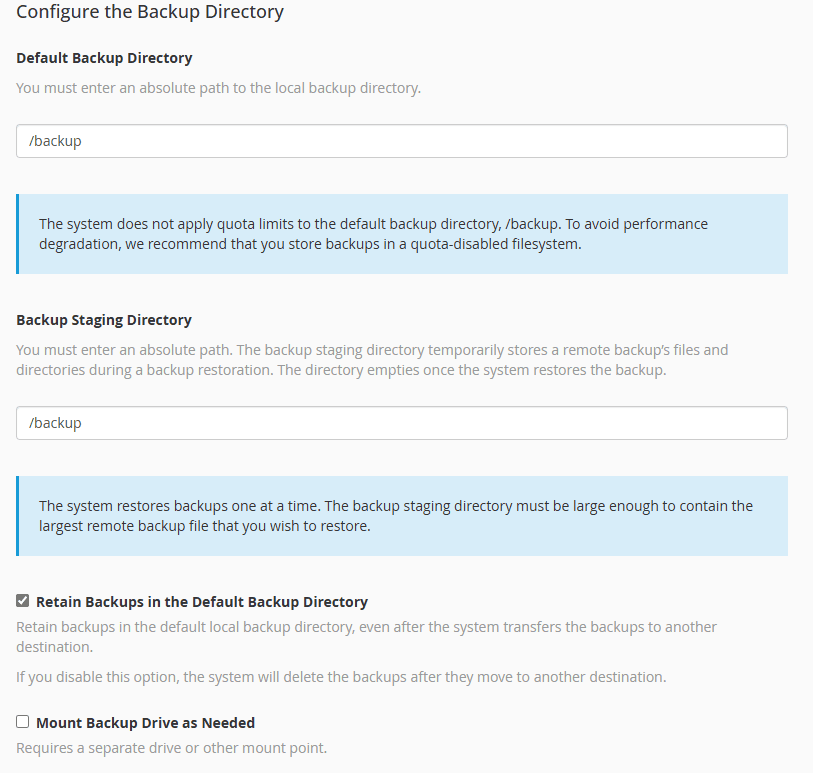 WHM Backup Configuration - Backup Directory Settings