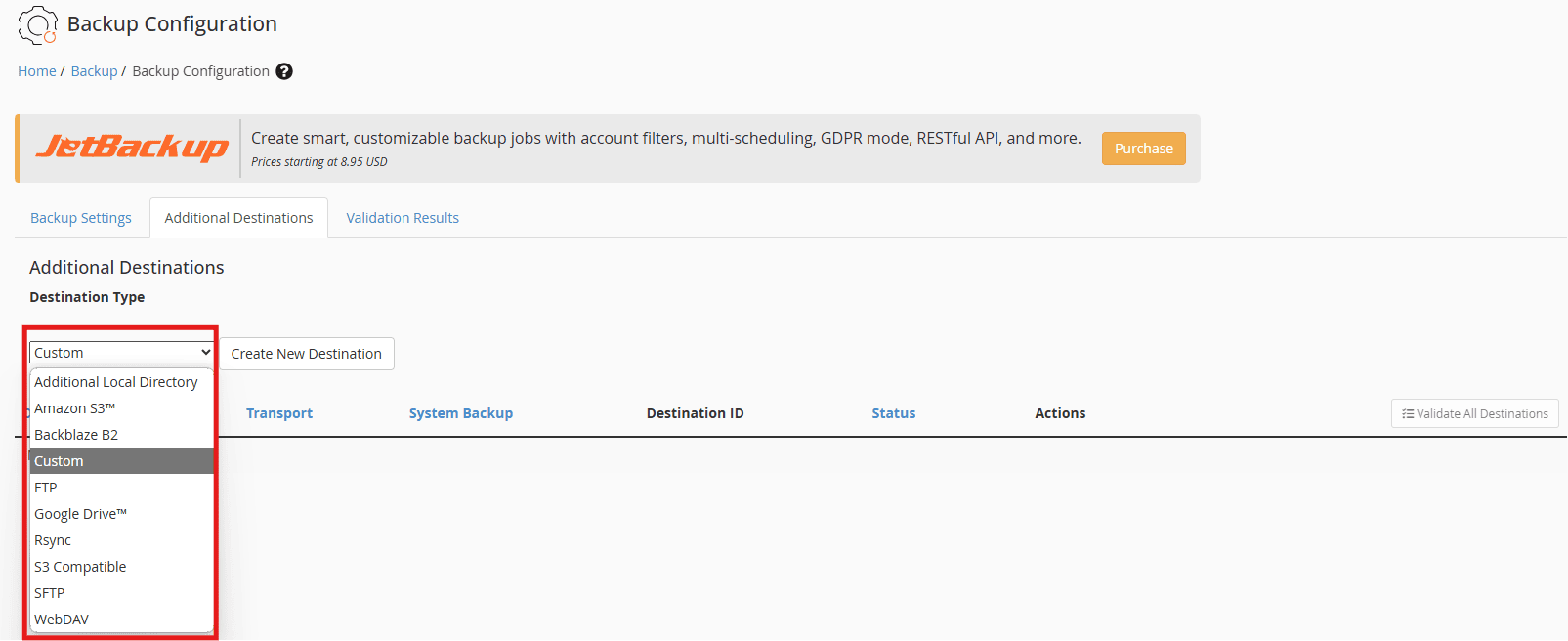 WHM Backup Configuration - Other Destinations