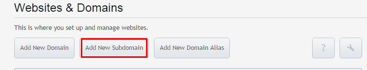 “Add New Subdomain” button in Plesk 