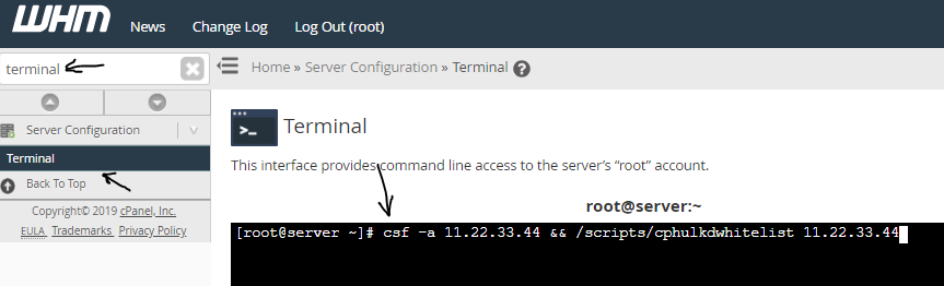 WHM panel showing the search term "Terminal", with $ csf -a YourIPAddress $ /scripts/cphulkdwhitelist YourIPAddress commands entered