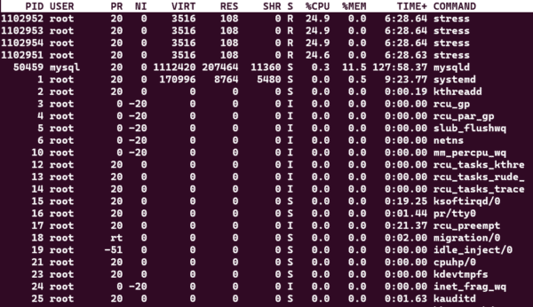 Lower block of the top command displaying a list of running commands and services.