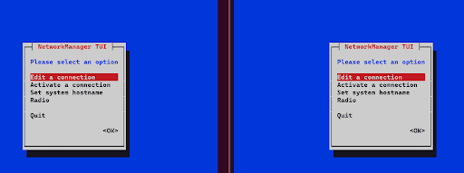 nmtui command’s GUI displaying the NetworkManager connection editing options