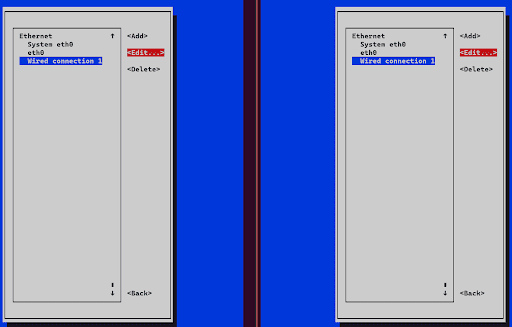 nmtui command’s GUI displaying the NetworkManager connection editing options for the private interface