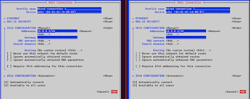 nmtui command’s GUI displaying the NetworkManager connection options