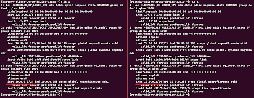 Split view of both servers and their ip a command output with the newly added private IP