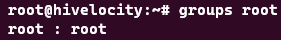 groups command to see which group does the root user belongs to