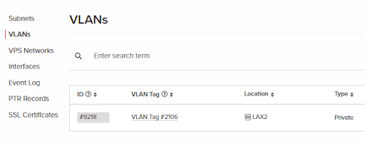 VLANs page displaying the newly created VLAN.